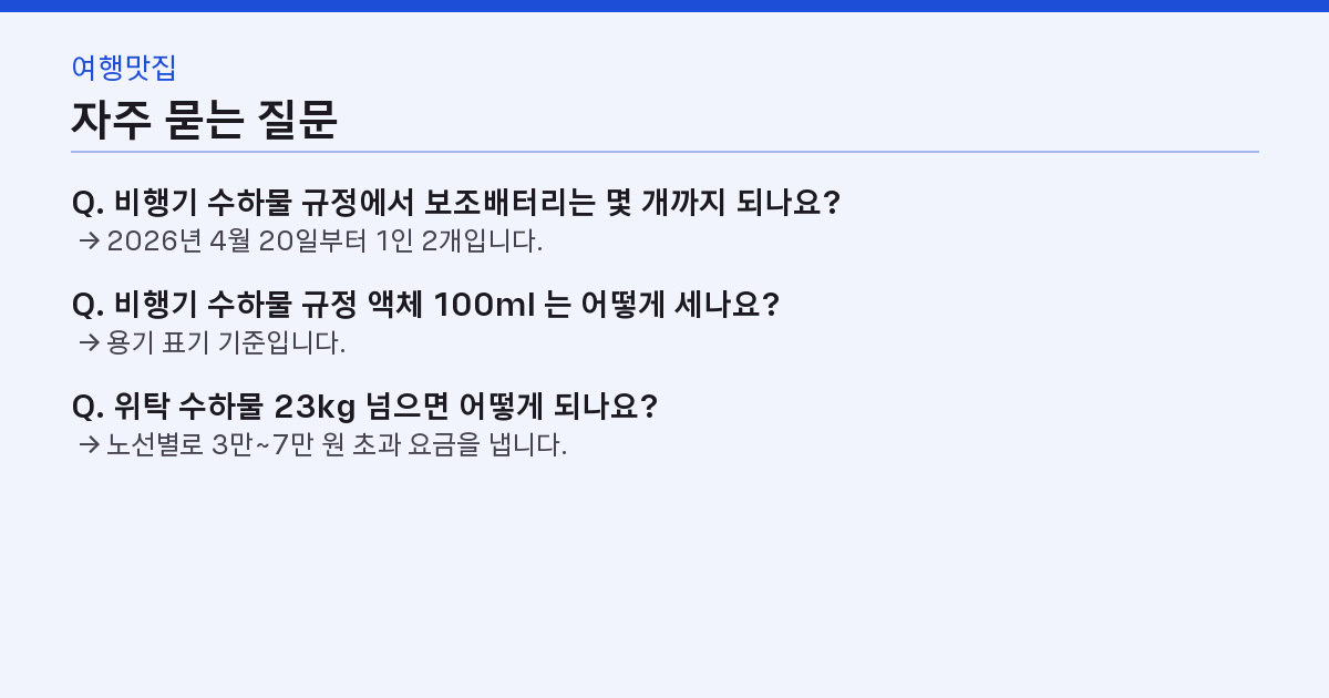 비행기 수하물 규정 2026 — 배터리 2개·액체 100ml·위탁 23kg