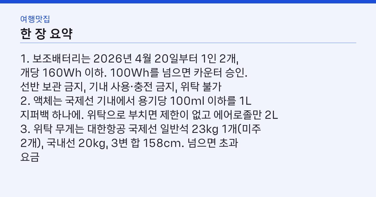 비행기 수하물 규정 2026 — 배터리 2개·액체 100ml·위탁 23kg