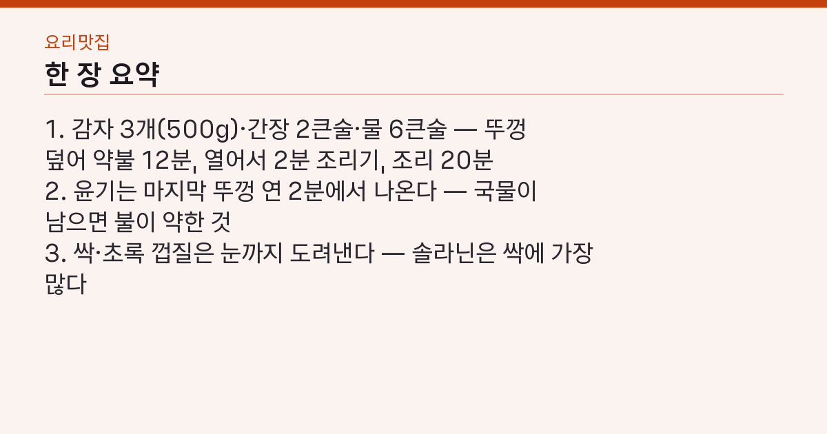 감자조림 레시피 감자조림 만드는법 — 감자 3개·간장 2, 윤기까지 20분 핵심 3줄 요약
