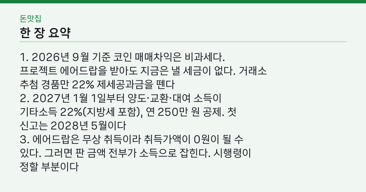 에어드랍 세금, 받을 땐 0원인데 팔 때 22%? 2027년이 가르는 것 핵심 3줄 요약