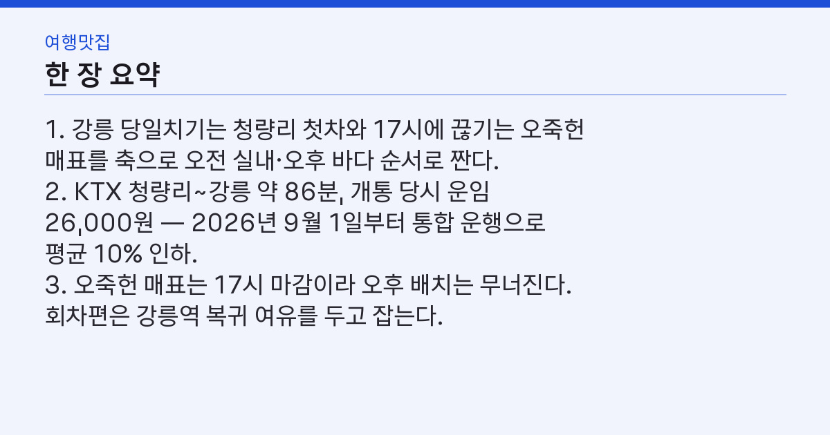 강릉 당일치기 코스 — KTX 1시간 26분과 오죽헌·안목 순서 핵심 3줄 요약