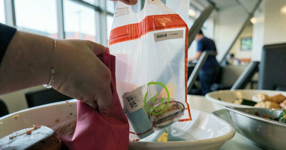 입국장 세관 검사대 앞에 쇼핑백과 캐리어를 놓고 신고서를 확인하는 여행자