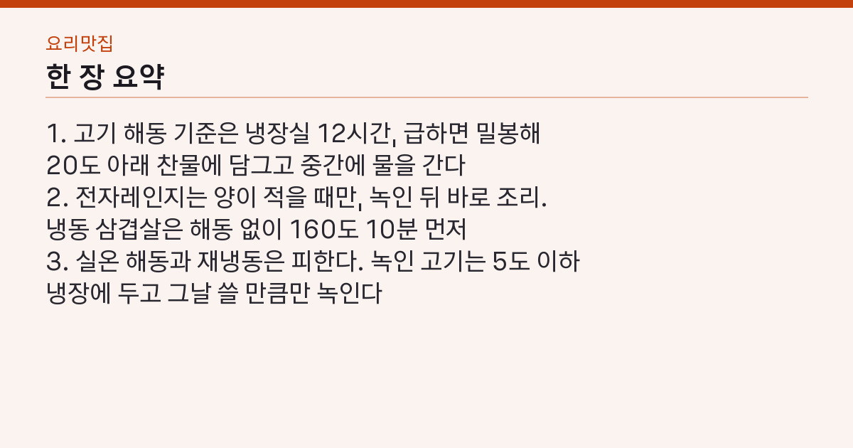 고기 해동 방법 4가지 — 냉장 12시간, 찬물은 20도 아래로 핵심 3줄 요약