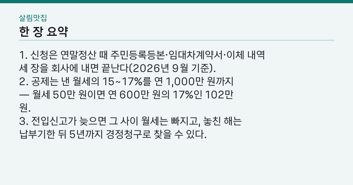 월세 세액공제 신청 방법, 12월에 못 냈으면 언제까지 될까? 핵심 3줄 요약